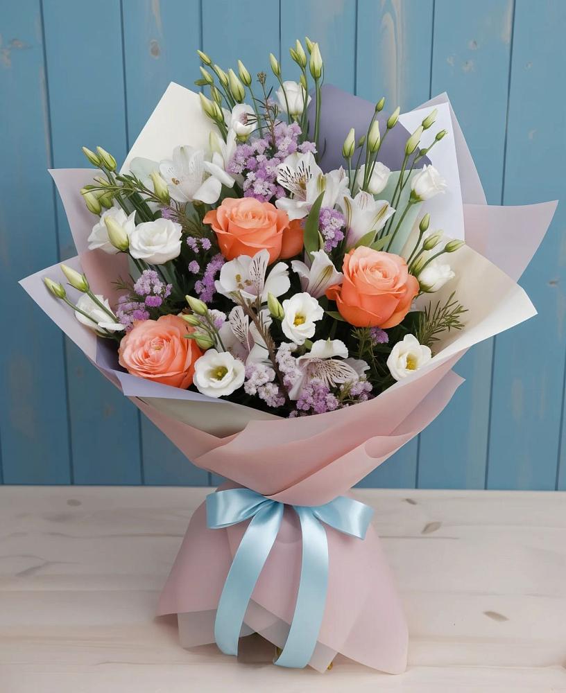 Букет цветов из: Лизиантусы, Розы, Альстромерии и Гипсофила в Тихвине