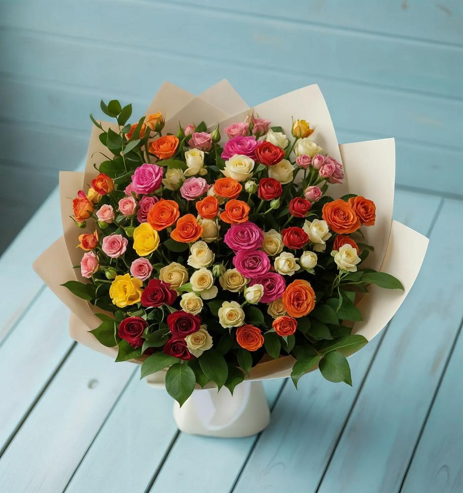 Букет Микс из разноцветных кустовых роз в Тихвине