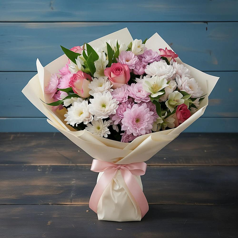 Букет цветов из: Хризантемы, Альстромерии и Розы в Тихвине